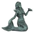 Ebros Gift 6.5" Tall Nautical Siren Mermaid Holding Starfish Cast Iron Rustic Verdigris Vintage Patina Finish Statue Ocean Goddess Princess Coastal Beach Under The Sea Mermaids Decorative Accent