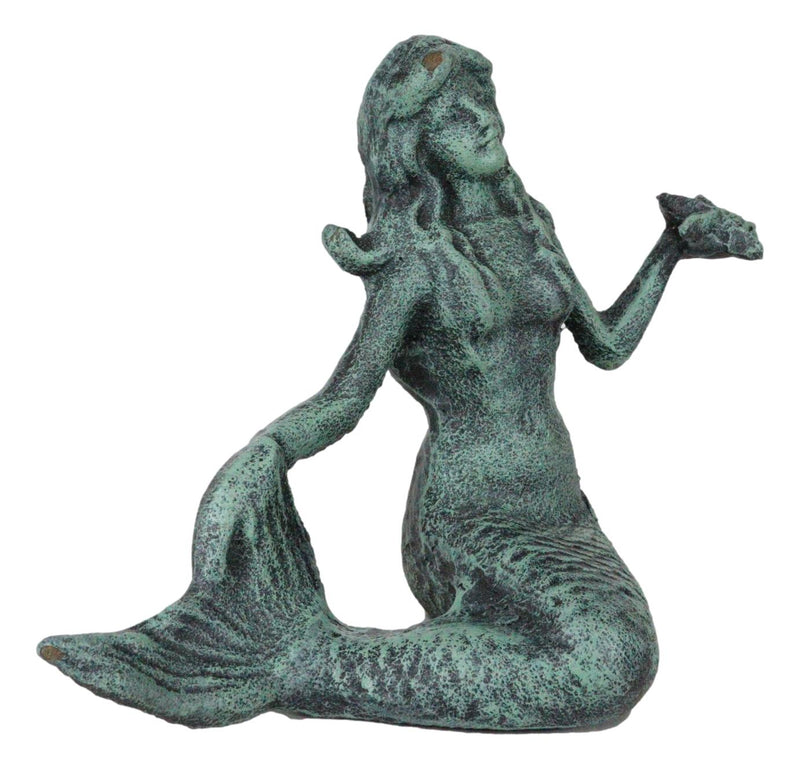 Ebros Gift 6.5" Tall Nautical Siren Mermaid Holding Starfish Cast Iron Rustic Verdigris Vintage Patina Finish Statue Ocean Goddess Princess Coastal Beach Under The Sea Mermaids Decorative Accent