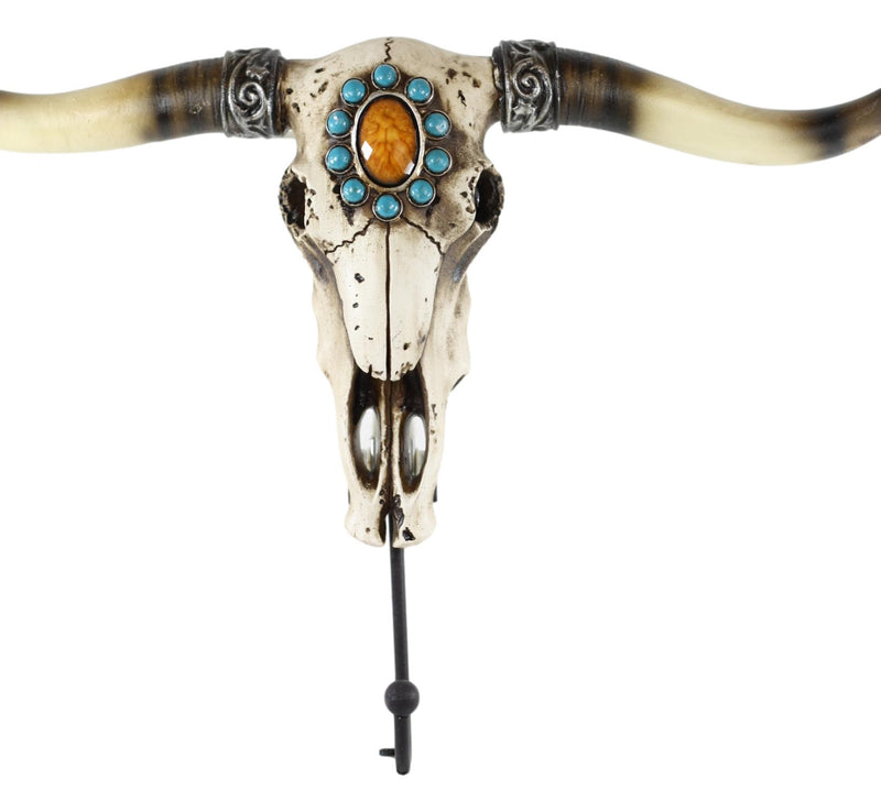 Western Indian Turquoise Sunstone Replica Bull Steer Cow Skull Wall Hook Decor