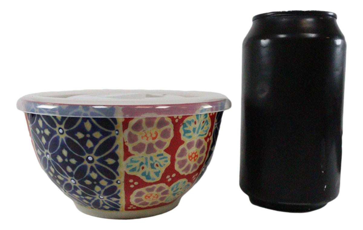 Ebros Set of 2 Ceramic Blue Red Floral Patterns Portion Meal Bowls 2 Cups Airtight Lid