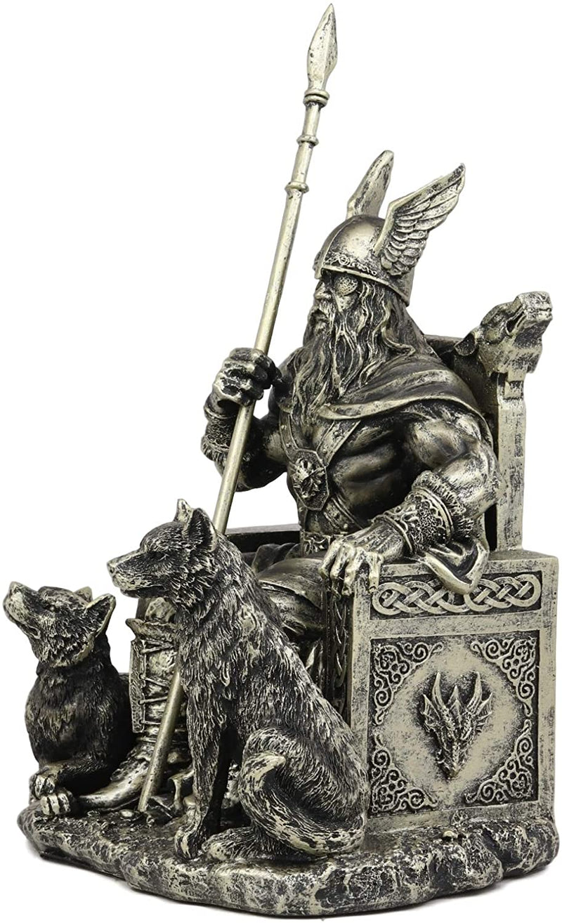 Ebros Gift Norse Viking Mythology Odin The Alfather Sitting On A Throne with Two Wolf Dogs Statue Norselandic Folklore Thor Ragnarok Trilogy Wotan Decorative Figurine 10.5" High