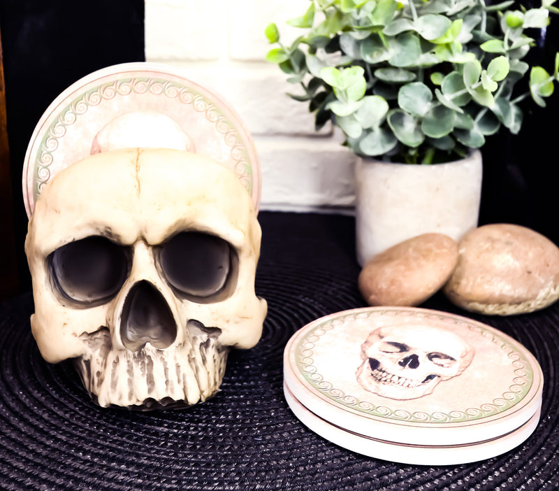 Ebros Gothic Bone Cream  Homosapien Half Skull Base Holder With 4 Coasters Set