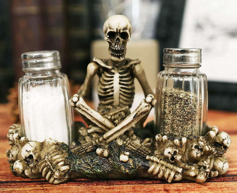 Ebros Meditating Skeleton On Graveyard Of Skulls Salt & Pepper Shakers Holder