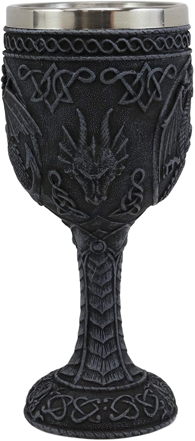 Set of 4 Medieval Dragon Wine Goblet Chalice Resin Body Stainless Steel Faux Stone