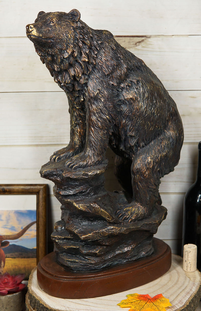 Country Rustic Black Bear Climbing On River Rocks Figurine With Faux Wood Base