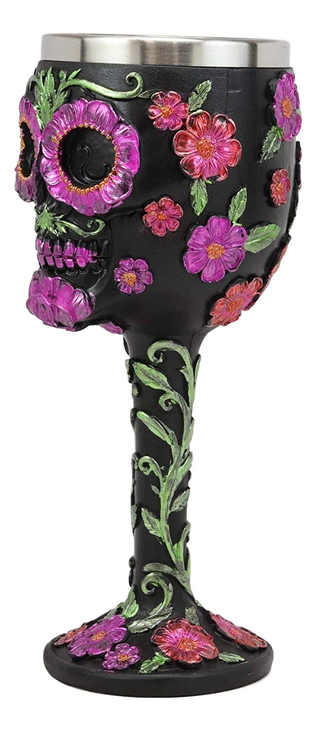 Ebros Gothic Black Red Pink Green Day of The Dead Sugar Skull Wine Goblet 7oz