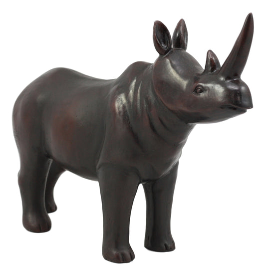 Ebros African Safari Rhino Rhinoceros Statue 9.5" Long in Dark Mahogany Faux Wood Finish