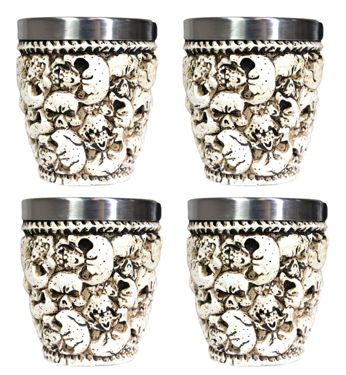 Novelty Ossuary Graveyard Piled Up Skulls And Spine Bones Shot Glass Set of 4 - Ebros Gift