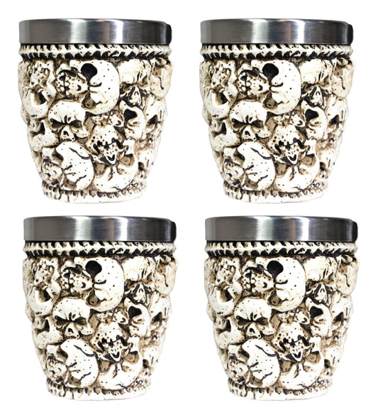 Novelty Ossuary Graveyard Piled Up Skulls And Spine Bones Shot Glass Set of 4 - Ebros Gift