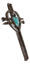Rustic Western Nail Spikes With Bent Nail Heart And Turquoise Rock Wall Cross