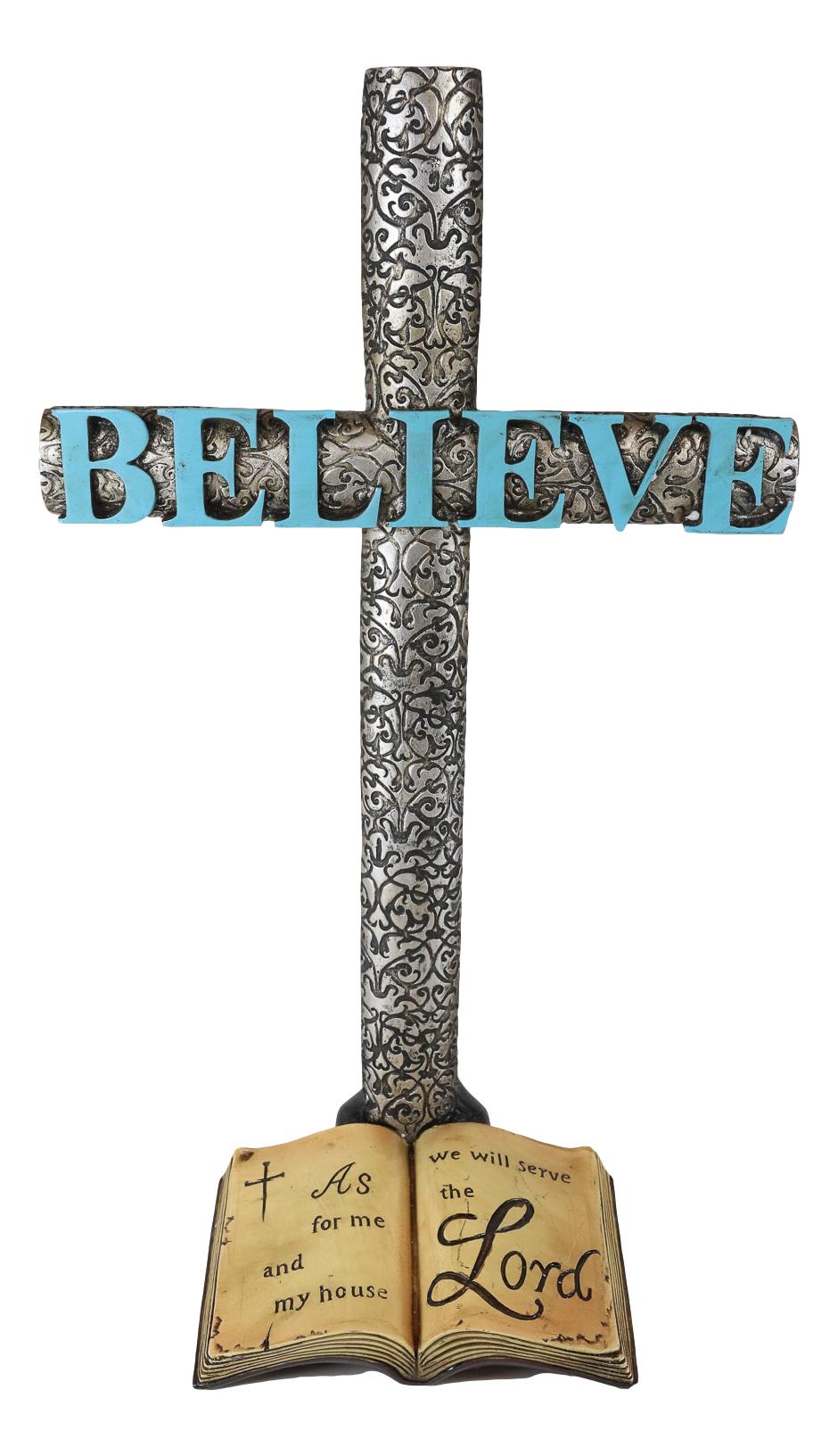 Silver Scroll Filigree Pattern Believe Standing Cross Desktop Plaque Figurine