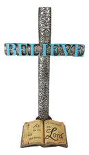 Silver Scroll Filigree Pattern Believe Standing Cross Desktop Plaque Figurine