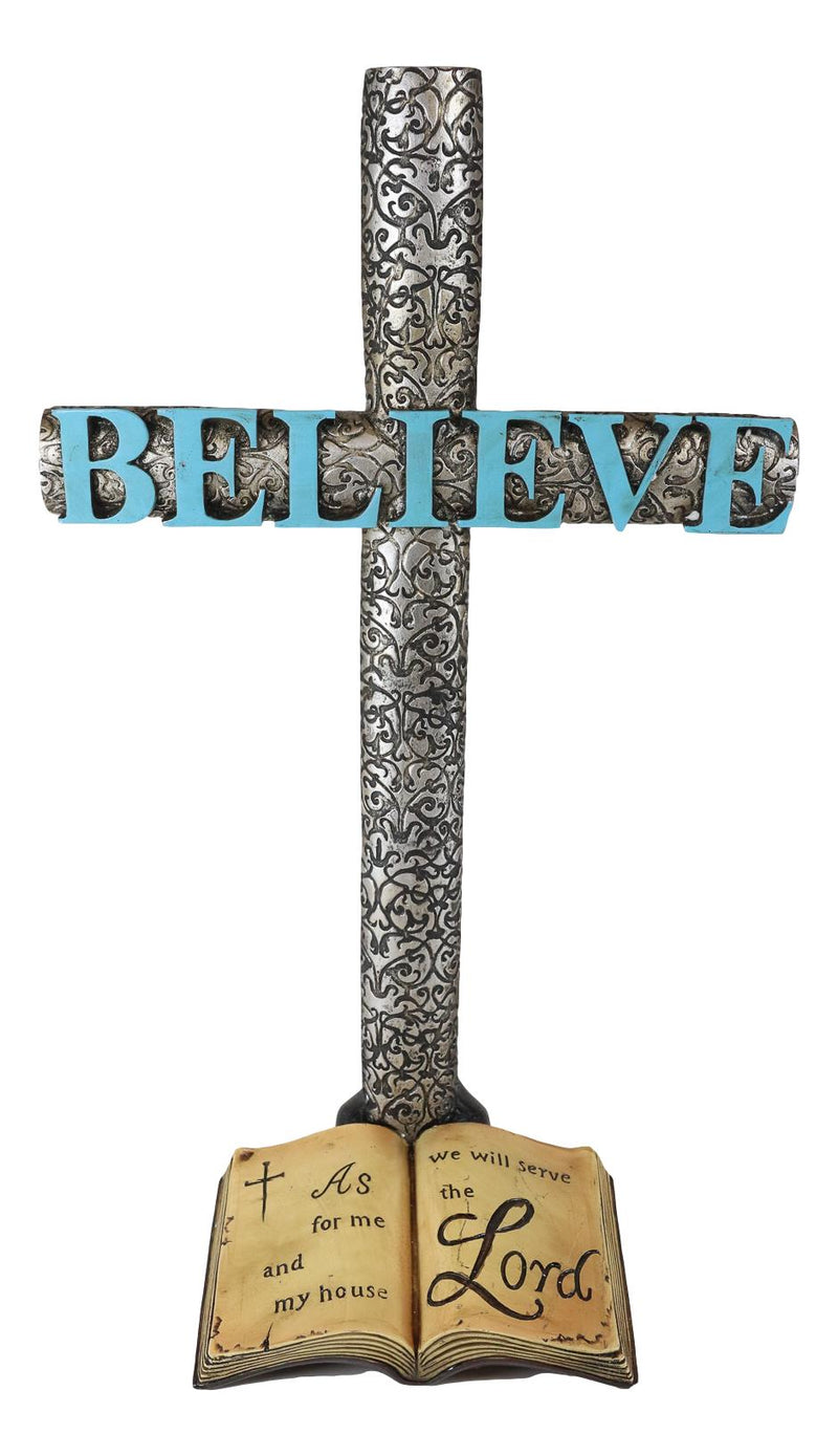 Silver Scroll Filigree Pattern Believe Standing Cross Desktop Plaque Figurine
