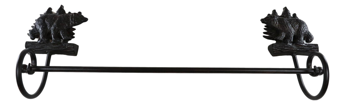Cast Iron 24"L Rustic Forest Black Bear By Pine Trees Wall Bath Towel Bar Rack