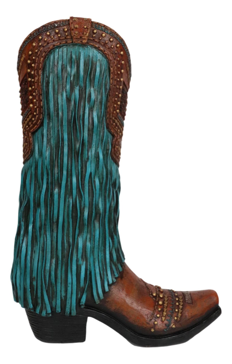 Rustic Western Country Faux Leather Cowgirl Boot Vase W/ Turquoise Frill Fringe
