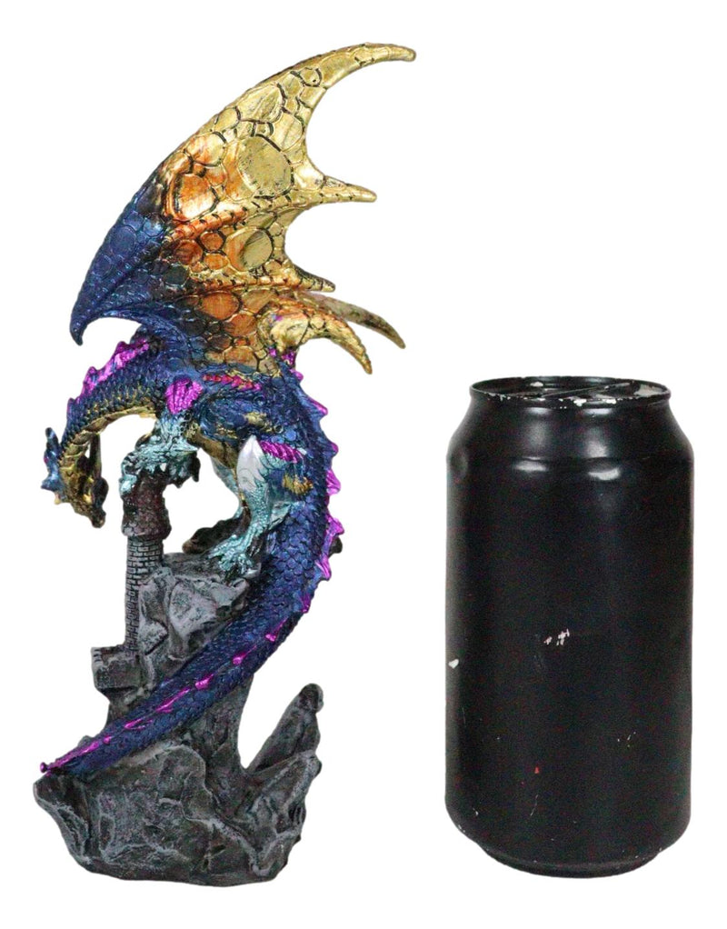 Metallic Blue Iridescent Dragon Protecting Castle On Mountain Cliff Figurine