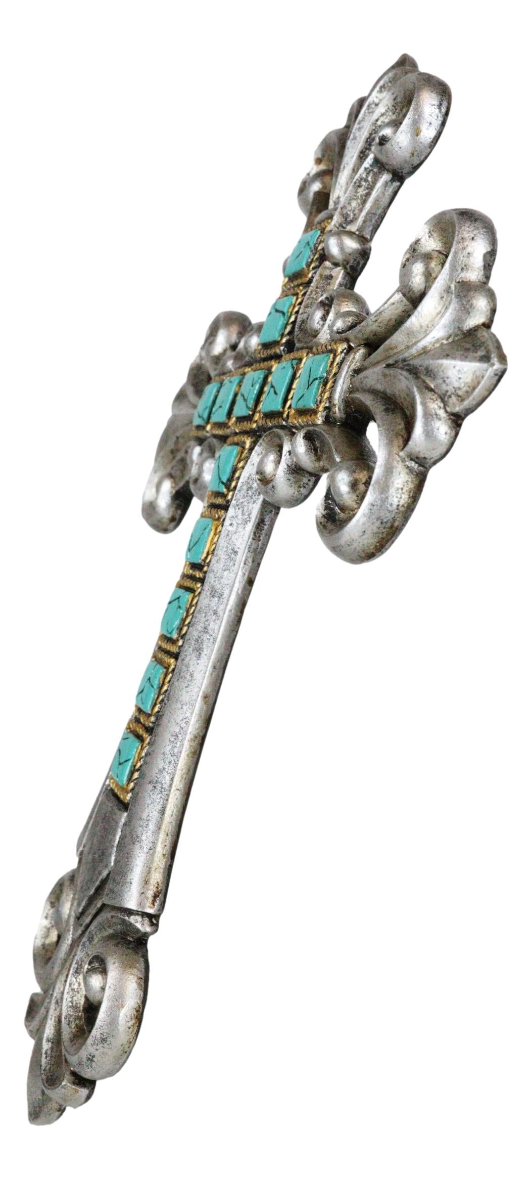 Southwestern Silver Tuscan Fleur De Lis Scrollwork Turquoise Rocks Wall Cross - Ebros Gift