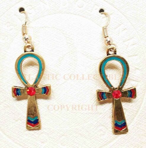 Ebros Ancient Egyptian Theme Ankh Pyramid Red Gem Stud Earrings Pair Accessory