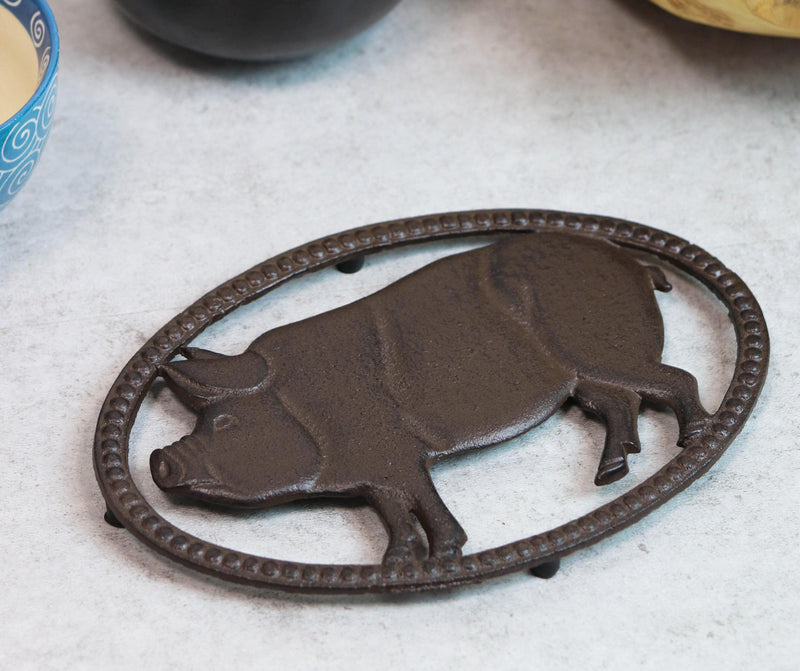 Cast Iron Rustic Swine Bacon Pig Cutout With Raised Studs Border Metal Trivet
