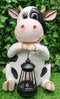 Ebros Country Farm Whimsical Holstein Cow Statue Holding Solar LED Lantern Light 14"H