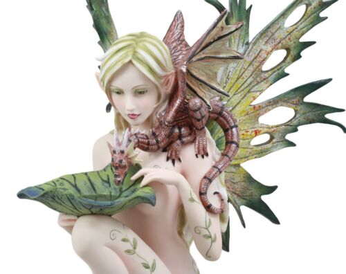 Large Nude Tribal Forest Fairy Feeding Dragon Statue 13"Tall Fantasy Fae Pixie