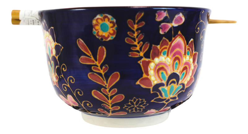 Mandala Floral Blossoms Purple Ramen Noodles Soup Large 6"D Bowl W/ Chopsticks