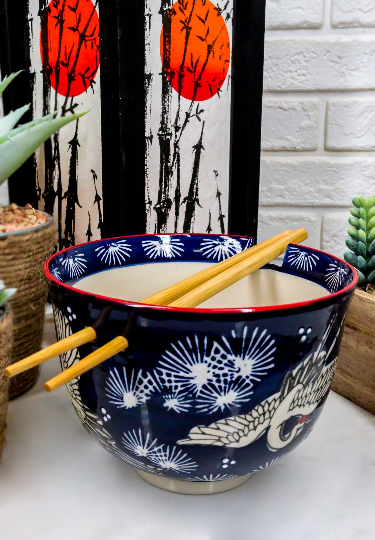 Japanese White Storks In Dark Blue Sky Ramen Soup Bowl With Chopsticks Set
