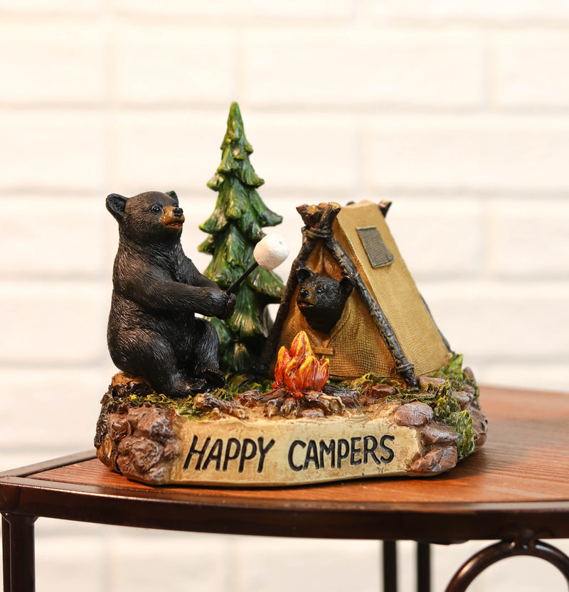 Happy Campers Rustic Black Bear And Cub Roasting Marshmallow By Bonfire Statue