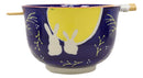 2 Bunny Rabbits And Full Moon Ramen Noodles Soup Large 6"D Bowl With Chopsticks