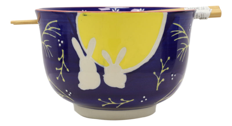 2 Bunny Rabbits And Full Moon Ramen Noodles Soup Large 6"D Bowl With Chopsticks