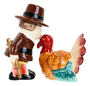 Thanksgiving Pilgrim With Axe Kissing Turkey Ceramic Salt and Pepper Shakers Set