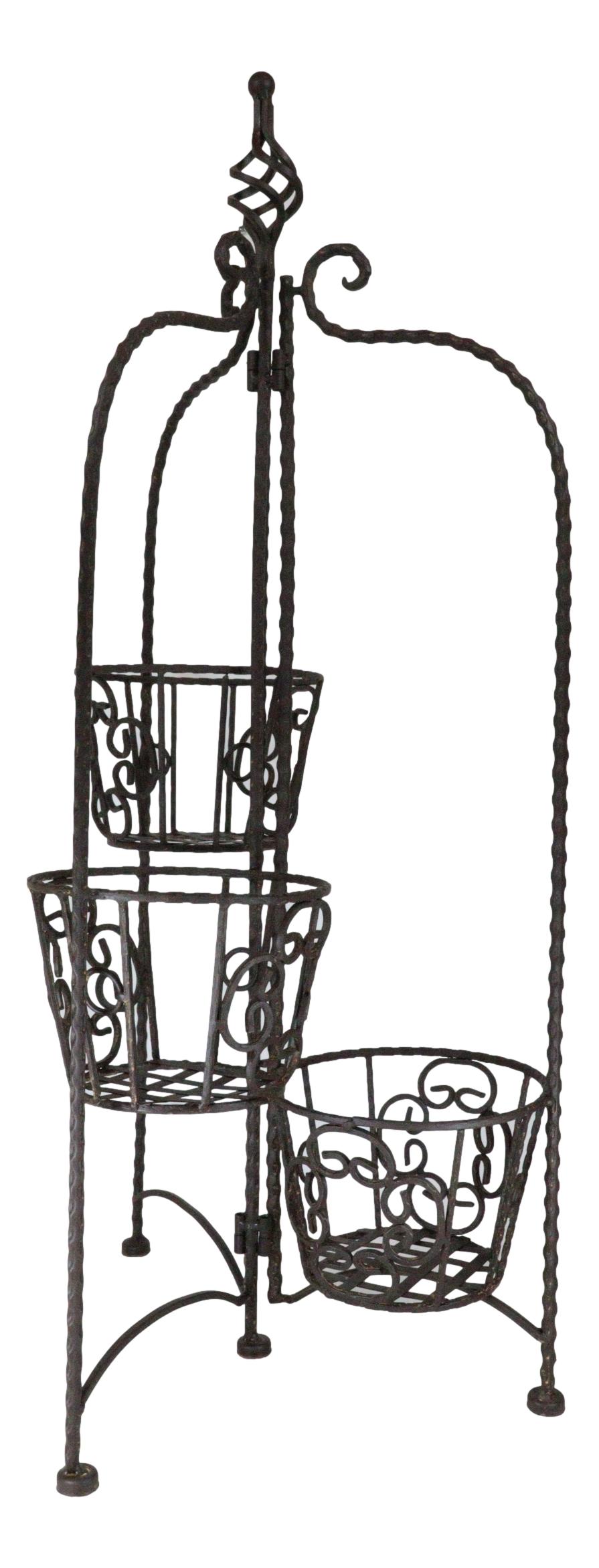 Vintage Rust Finish French Cottage Scroll Metal 3 Tiered Folding Plant Stand