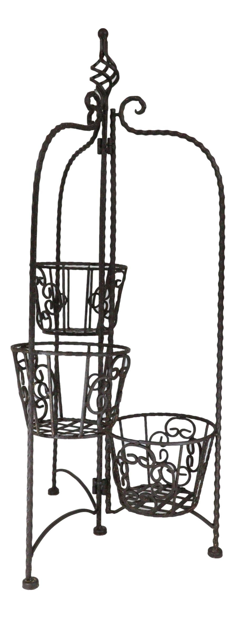 Vintage Rust Finish French Cottage Scroll Metal 3 Tiered Folding Plant Stand
