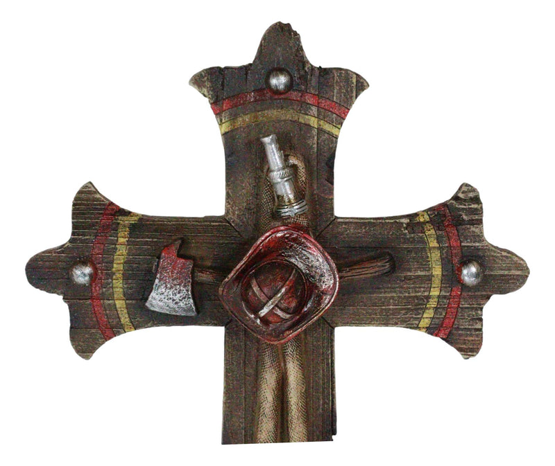 Rustic Fire Fighter Tools Fireman Axe Helmet Water Hose Faux Wood Wall Cross
