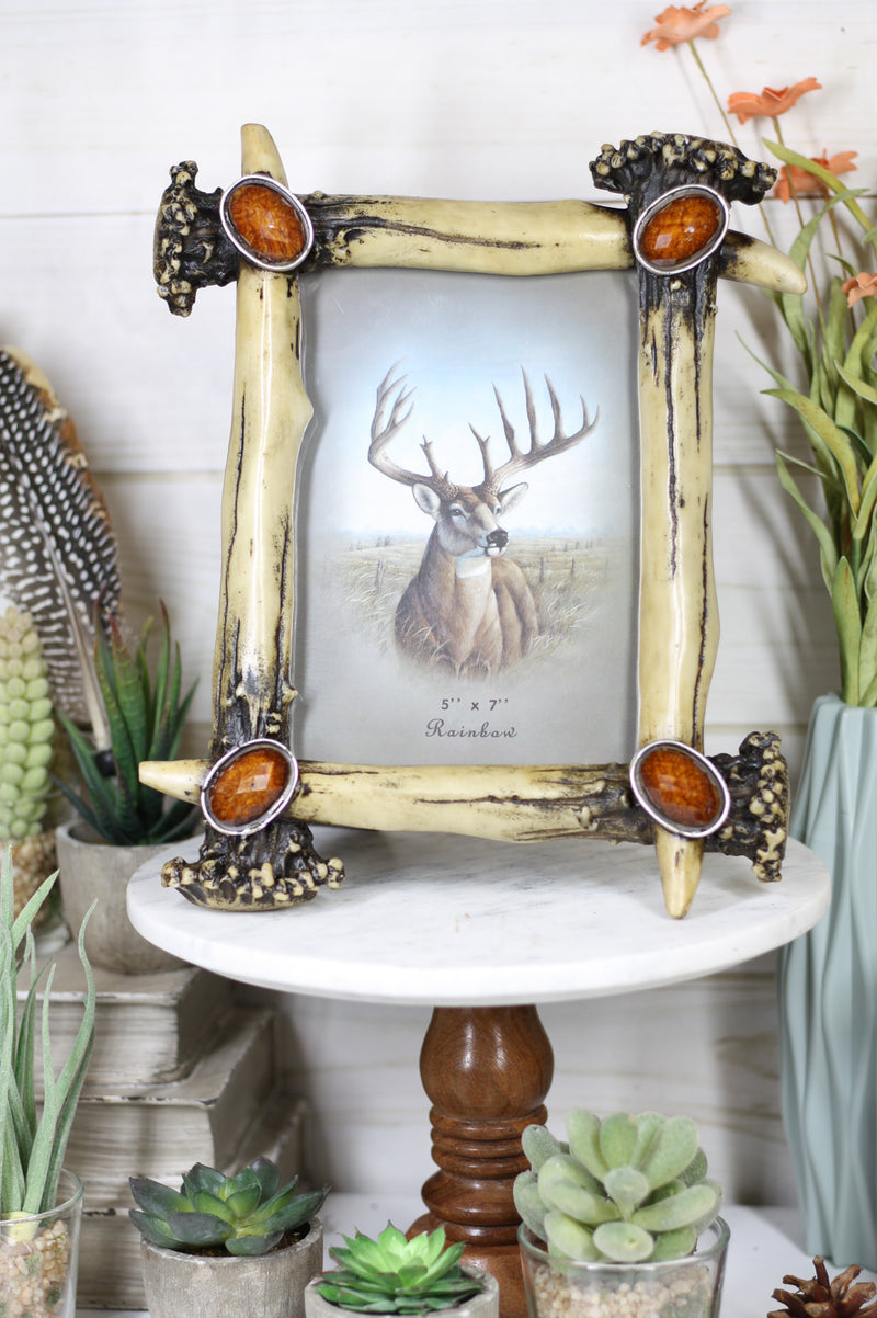Rustic Buckhorn Stag Deer Antlers With Amber Faux Gems Easel Back Picture Frame