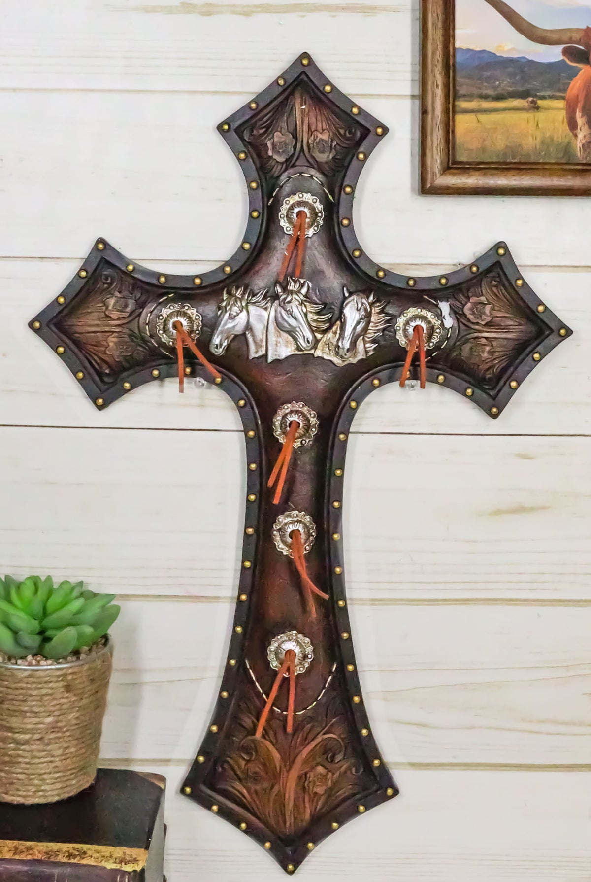 Rustic Western Triple Silver Mustang Horses Faux Tooled Leather Wall Cross 19"H