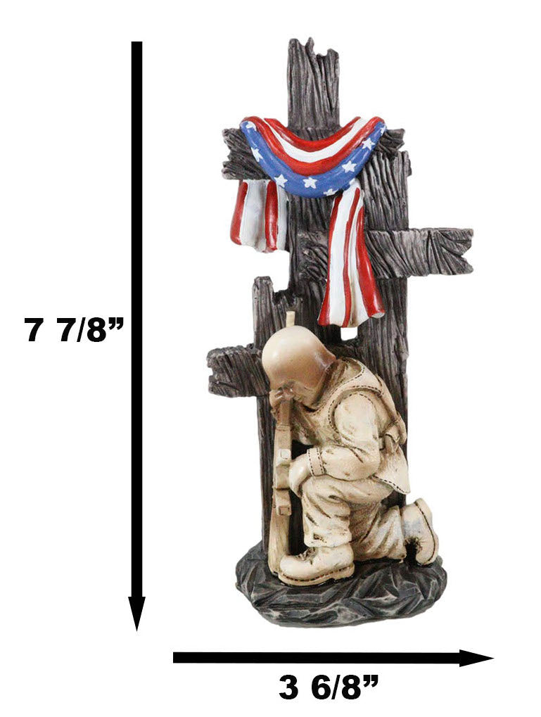 Kneeling Soldier In Prayer By 3 Rugged Crosses American Flag Memorial Figurine - Ebros Gift