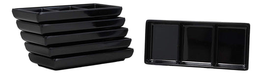 Ebros Jade Melamine Contemporary Design Condiments Oil Ketchup BBQ Soy Sauce Dipping Bowl or Dish With Dividers 3 Partition Compartments Faux Porcelain Look Restaurant Supply Dip Bowls Dishes (Black)