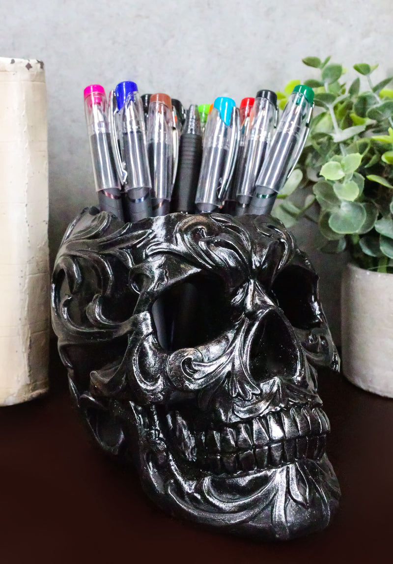 Ebros Gift Tribal Tattoo Floral Skull Pen Holder Figurine 5.75"L Office Decor