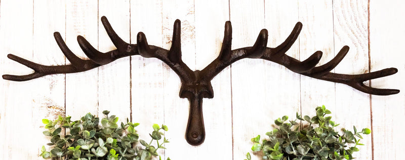 Cast Iron Western Rustic Comical Deer With Large Antlers 12-Peg Wall Hook Decor