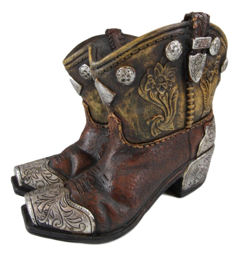 Ebros Rustic Western Cowboy Cowgirl Gold Tone Floral Boots Decorative Vase Pen Holder