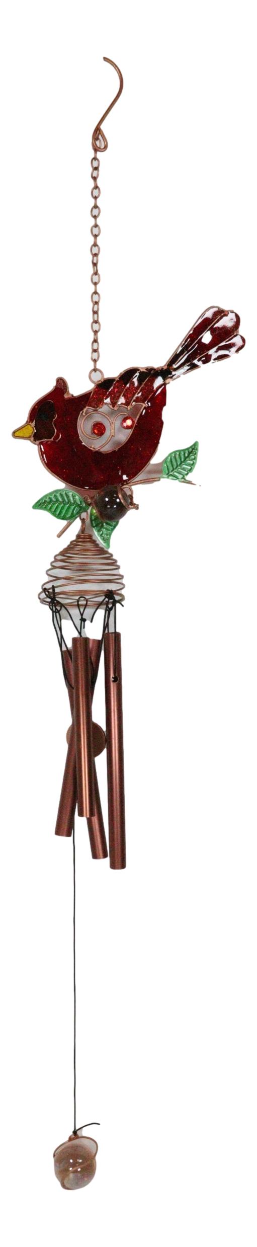 Ebros Gift Stained Glass Red Cardinal Bird Copper Metal Wind Chime 24.25"Long Resonant Outdoor Patio Garden Decor Accessory