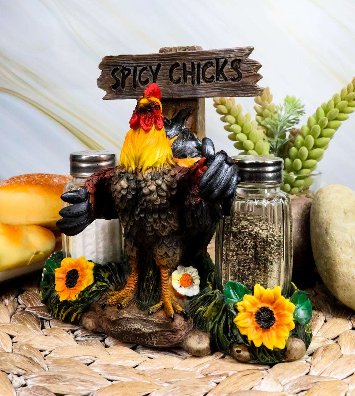Ebros Gift Hot & Spicy Chicks Sign Rooster Glass Salt Pepper Shakers Holder