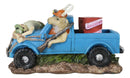 Buck Deer With Rifle In Blue Pick Up Truck With Tied Up Hunter On Hood Figurine