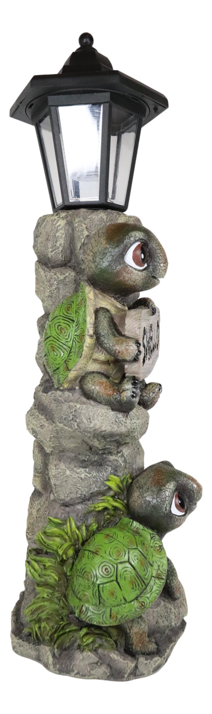 Ebros Rock Climbing Baby Tortoise Turtles With Greeting Sign & Solar LED Light Statue