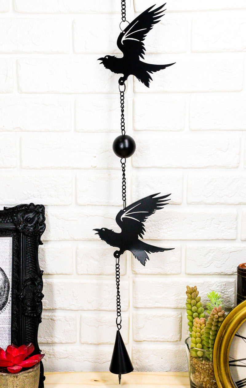 Gothic Bad Omen Trio Crow Ravens Metal Wall Hanging Mobile Wind Chime With Beads