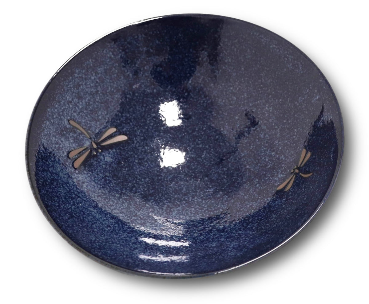 Japanese Blue Dragonfly Pasta Salad Soup Rice Ceramic Shallow Bowls Set of 3 - Ebros Gift