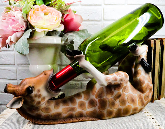 Ebros Safari Tall Drink Thirsty Long Necked Giraffe Wine Bottle Holder Caddy Figurine Home Kitchen Party Hosting Decor Sculpture of Savanna Grasslands Wild Animals Giraffes Perfect Housewarming Gift - Ebros Gift