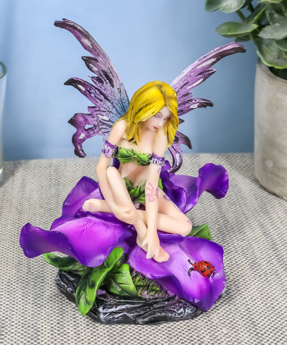 Blonde Fairy Petunia With Ladybug And Purple Iris Flower Blossom Statue 4.5"Tall