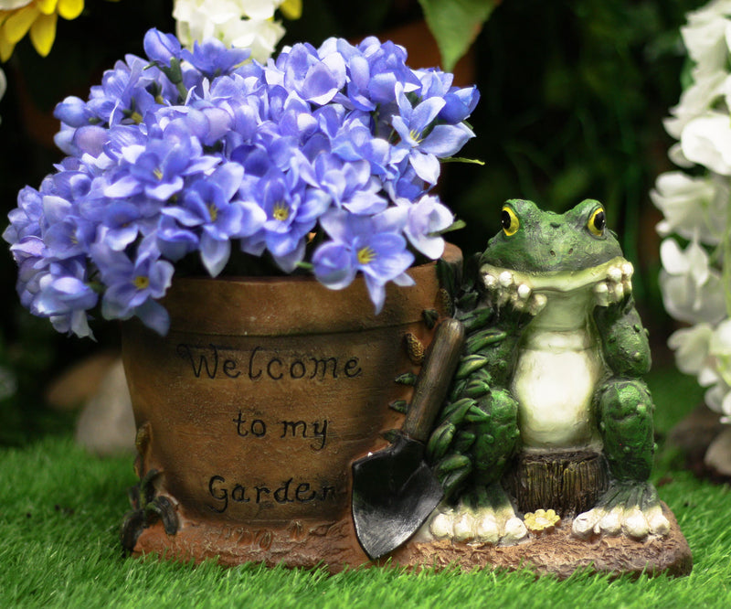 Ebros Green Frog Toad With Shovel And 'Welcome To My Garden' Planter Pot Figurine 10"L